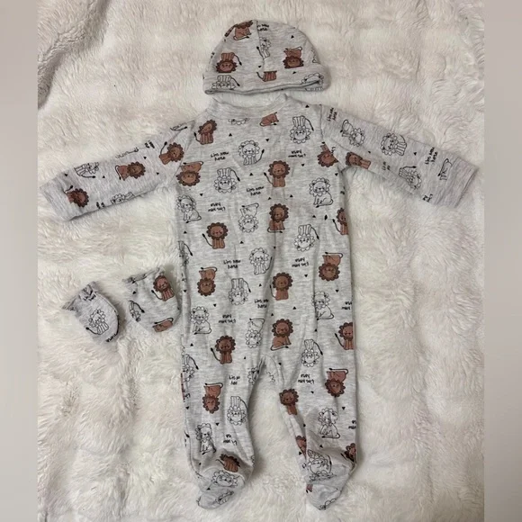 Koalababy Lion Print Footed Sleeper Set w/ Hat & Mittens 3-6M - Picture 2 of 4